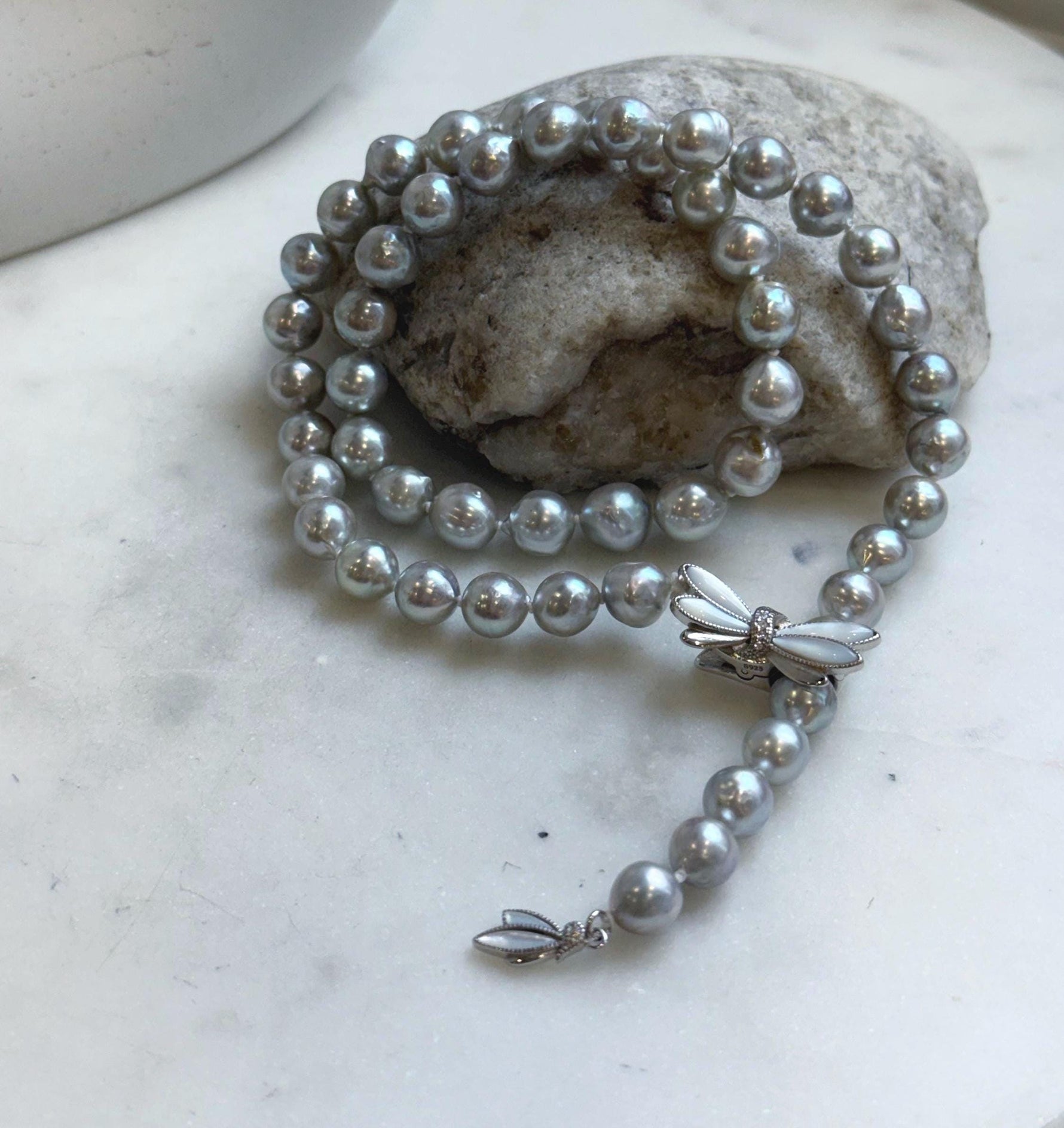 Elly’s 7.4-9.1mm 51pcs Akoya natural blue silver ocean pearls Y-Lairt necklace:Extreme luster mirrored, knotted, 19.3”, S925 silver necklace, gift for her Valentine’s Day