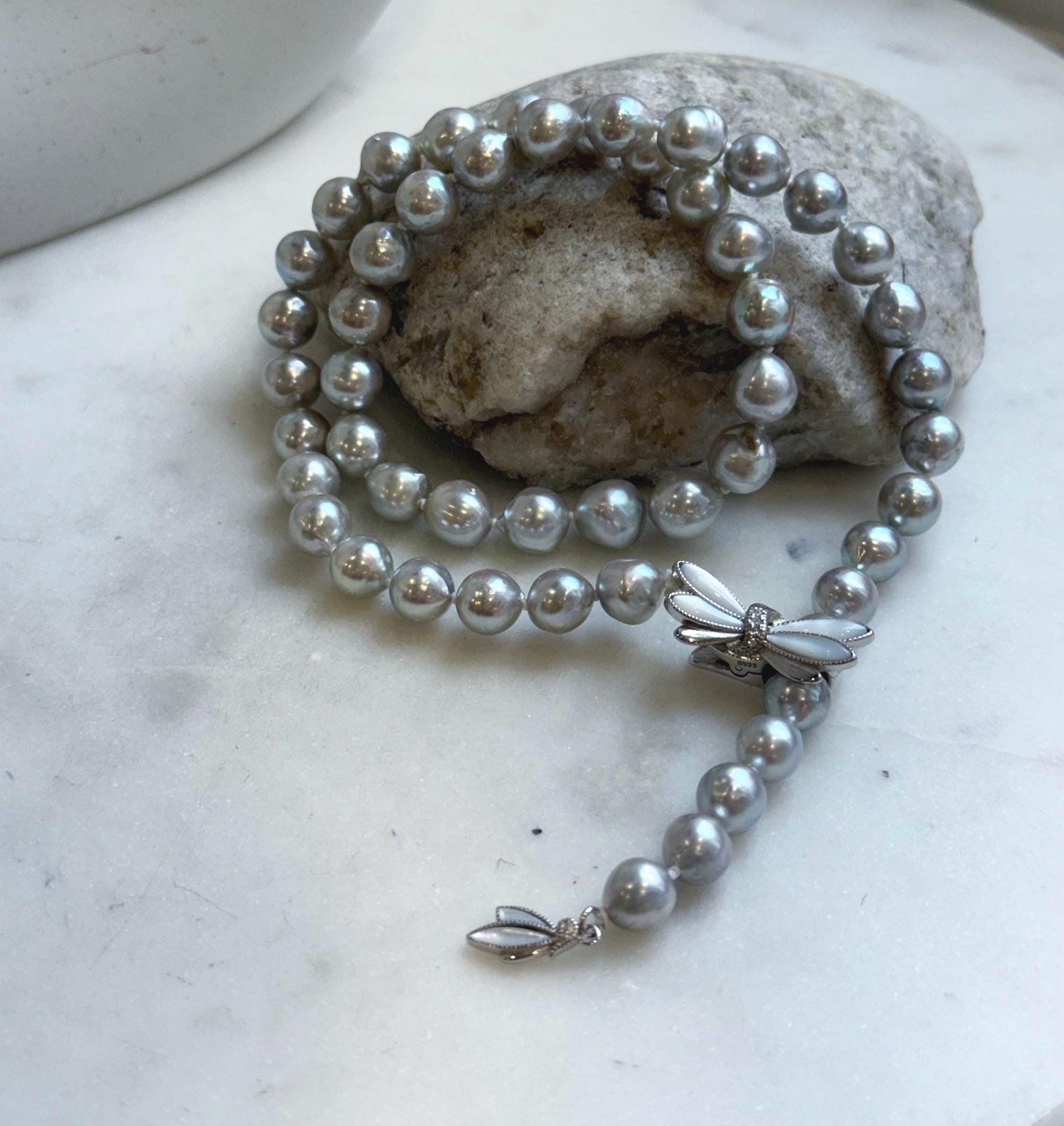 Elly’s 7.4-9.1mm 51pcs Akoya natural blue silver ocean pearls Y-Lairt necklace:Extreme luster mirrored, knotted, 19.3”, S925 silver necklace, gift for her