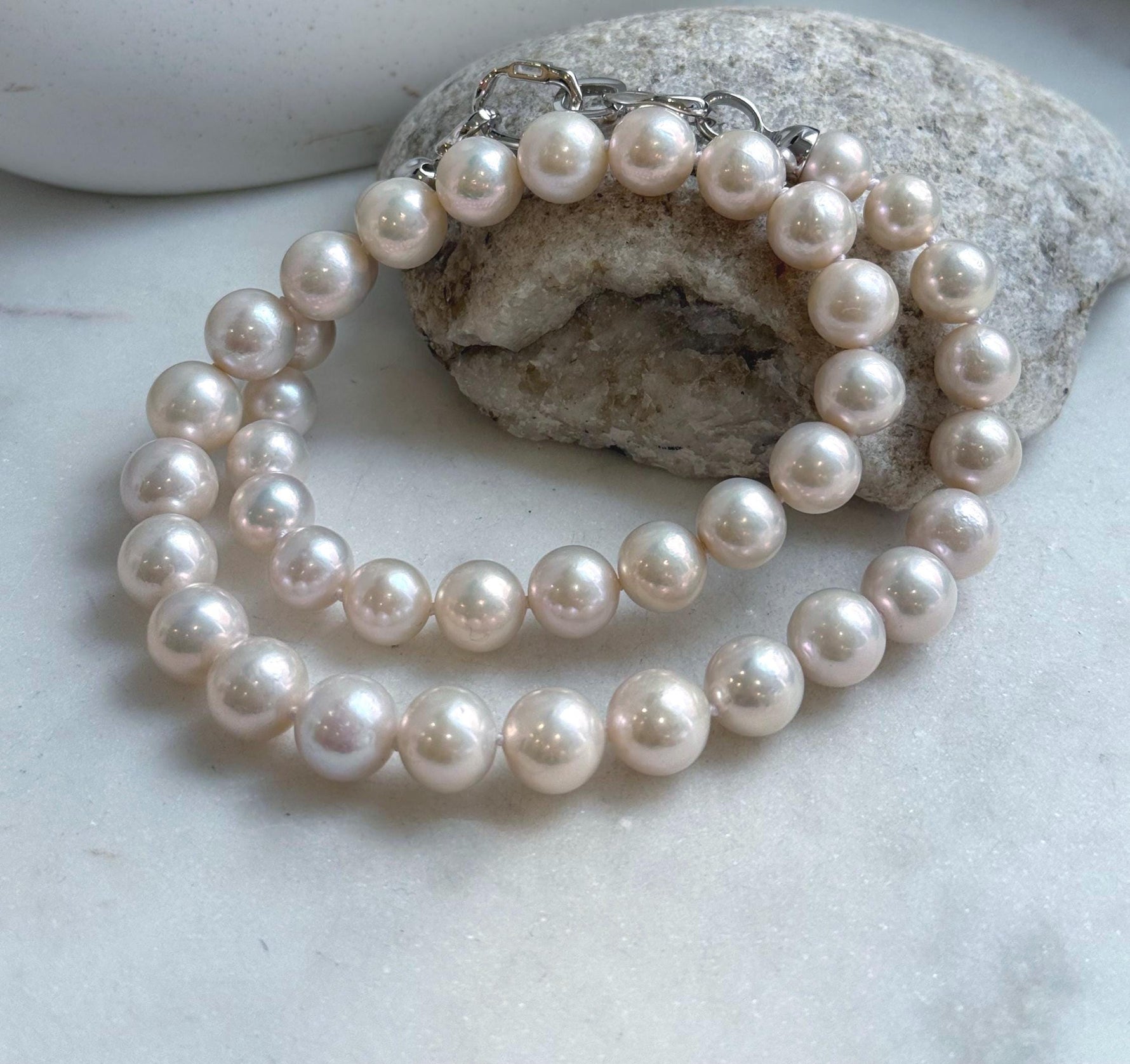 Elly’s 41pcs Top quality light rose round Edison Pearls Necklace Strand: Extreme luster mirrored, 8.5-11.1mm, 18.8”, S925 silver necklace. gift for her Valentine’s Day