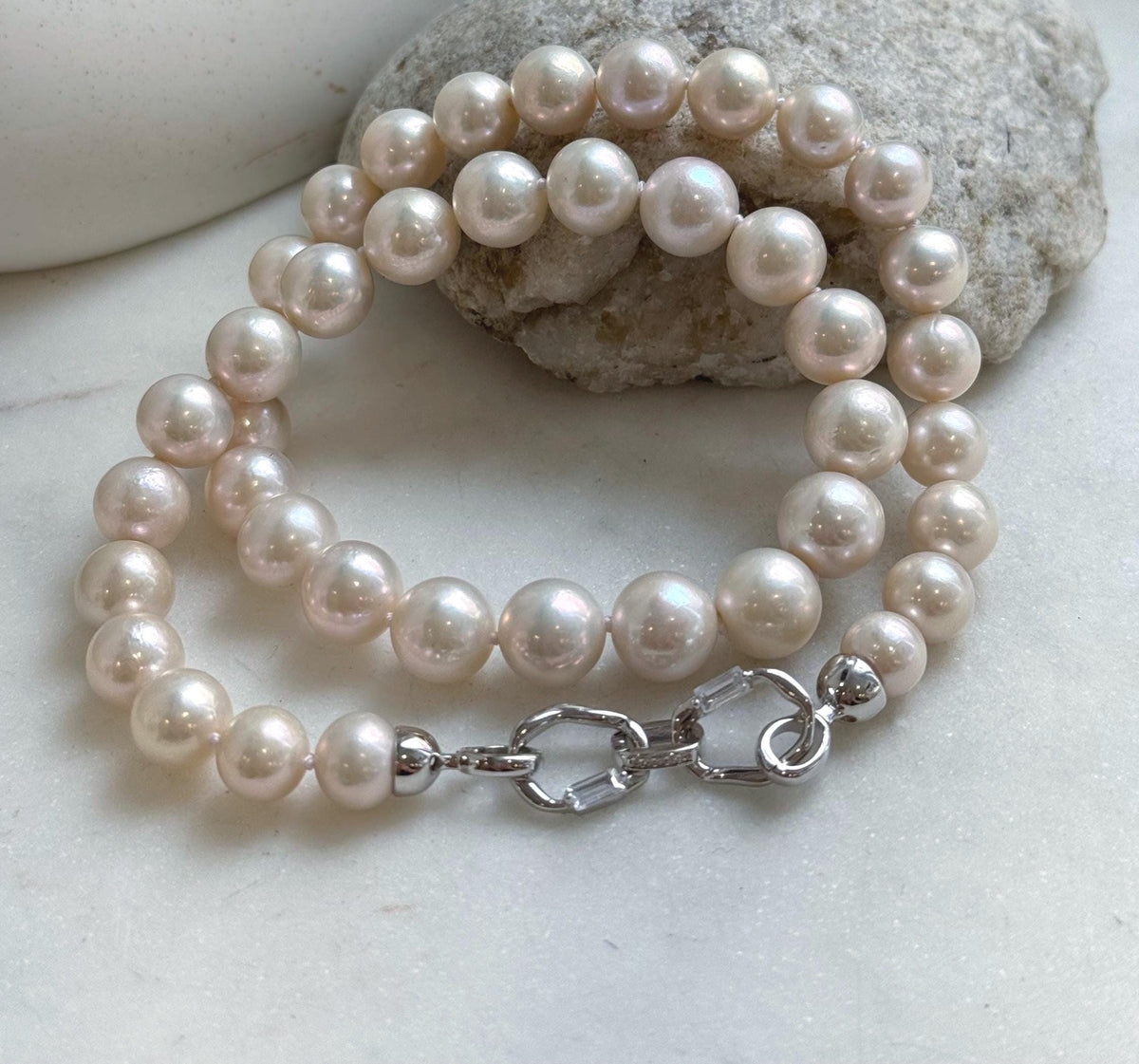 Elly’s 41pcs Top quality light rose round Edison Pearls Necklace Strand: Extreme luster mirrored, 8.5-11.1mm, 18.8”, S925 silver necklace. gift for her birthday jewelry