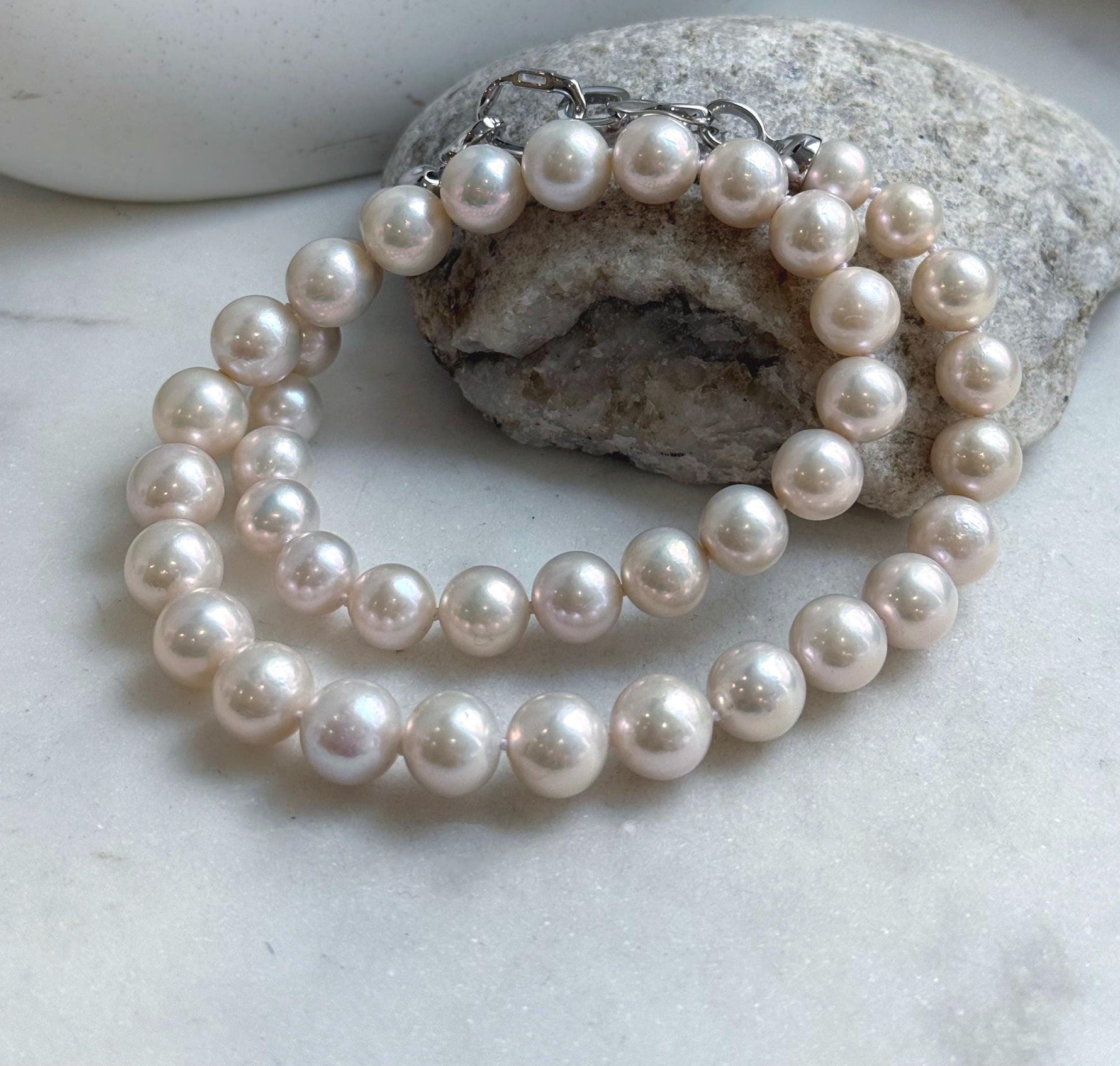Elly’s 41pcs Top quality light rose round Edison Pearls Necklace Strand: Extreme luster mirrored, 8.5-11.1mm, 18.8”, S925 silver necklace. gift for her Valentine’s Day