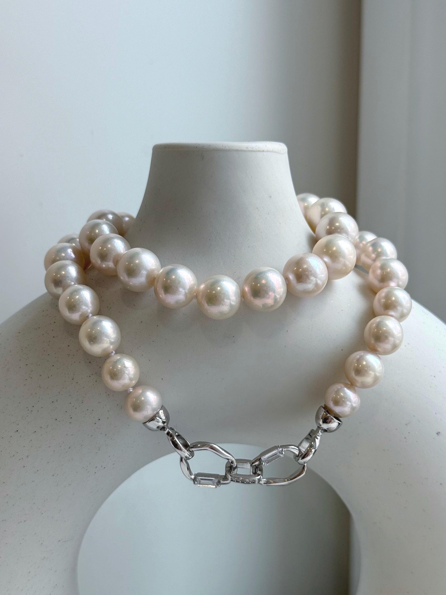 Elly’s 41pcs Top quality light rose round Edison Pearls Necklace Strand: Extreme luster mirrored, 8.5-11.1mm, 18.8”, S925 silver necklace. gift for her Valentine’s Day