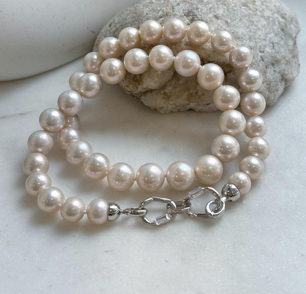 Elly’s 41pcs Top quality light rose round Edison Pearls Necklace Strand: Extreme luster mirrored, 8.5-11.1mm, 18.8”, S925 silver necklace. gift for her Valentine’s Day