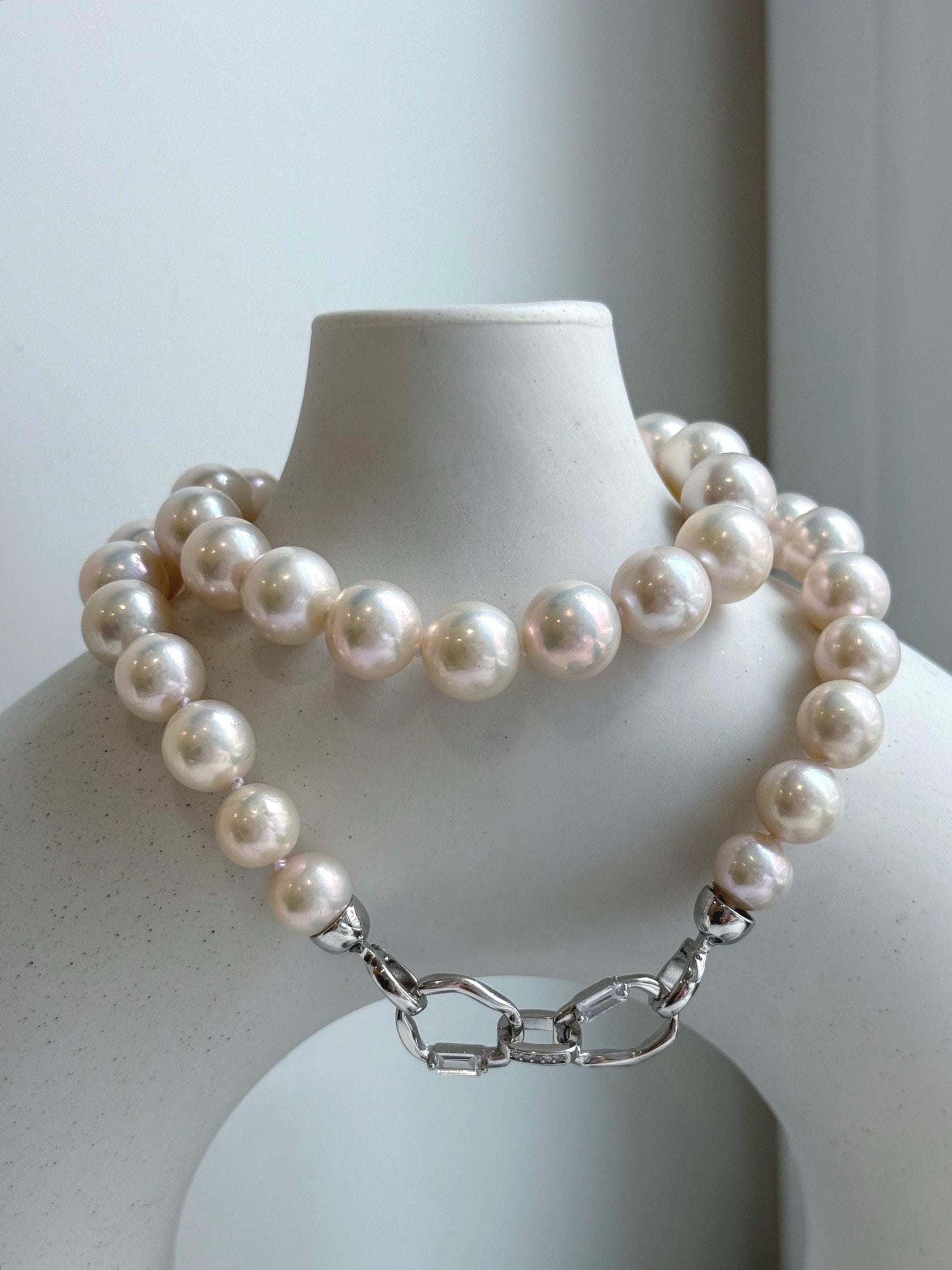 Elly’s 41pcs Top quality light rose round Edison Pearls Necklace Strand: Extreme luster mirrored, 8.5-11.1mm, 18.8”, S925 silver necklace. gift for her Valentine’s Day