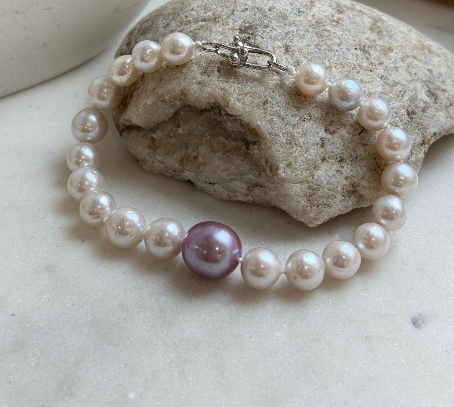 Elly’s 7.7-12.8mm White iridescent purple Pearls Bracelet: Extreme luster mirrored, 8.9” knotted, S925 silver Bracelet. gift for her