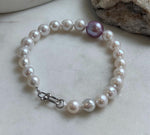 Elly’s 7.7-12.8mm White iridescent purple Pearls Bracelet: Extreme luster mirrored, 8.9” knotted, S925 silver Bracelet. gift for her anniversary