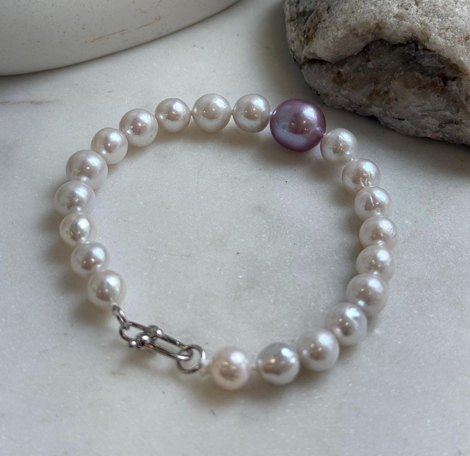 Elly’s 7.7-12.8mm White iridescent purple Pearls Bracelet: Extreme luster mirrored, 8.9” knotted, S925 silver Bracelet. gift for her