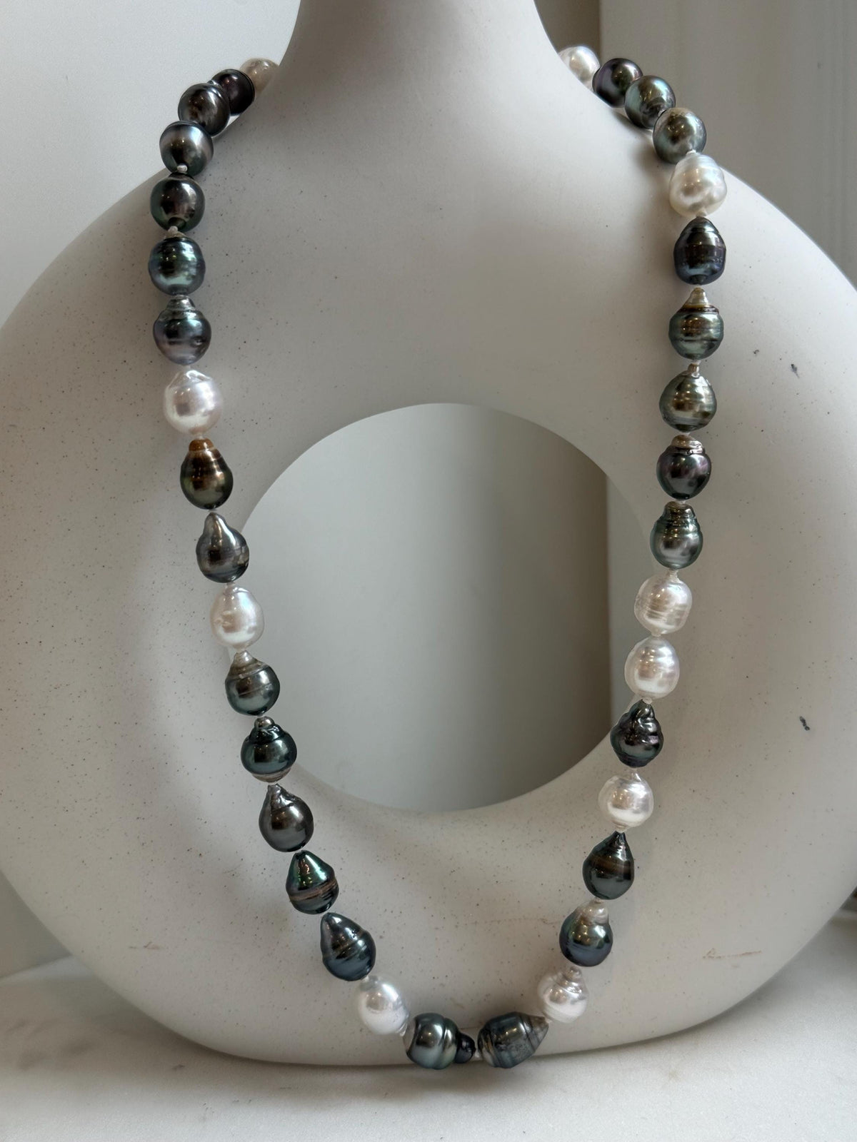 Elly’s 7.8-9.5mm Tahitian platinum Australian Ocean Pearls Necklace: extreme luster mirrored, knotted, 18.4”, S925 silver necklace.
