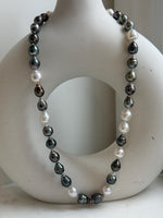 Elly’s 7.8-9.5mm Tahitian platinum Australian Ocean Pearls Necklace: extreme luster mirrored, knotted, 18.4”, S925 silver necklace.