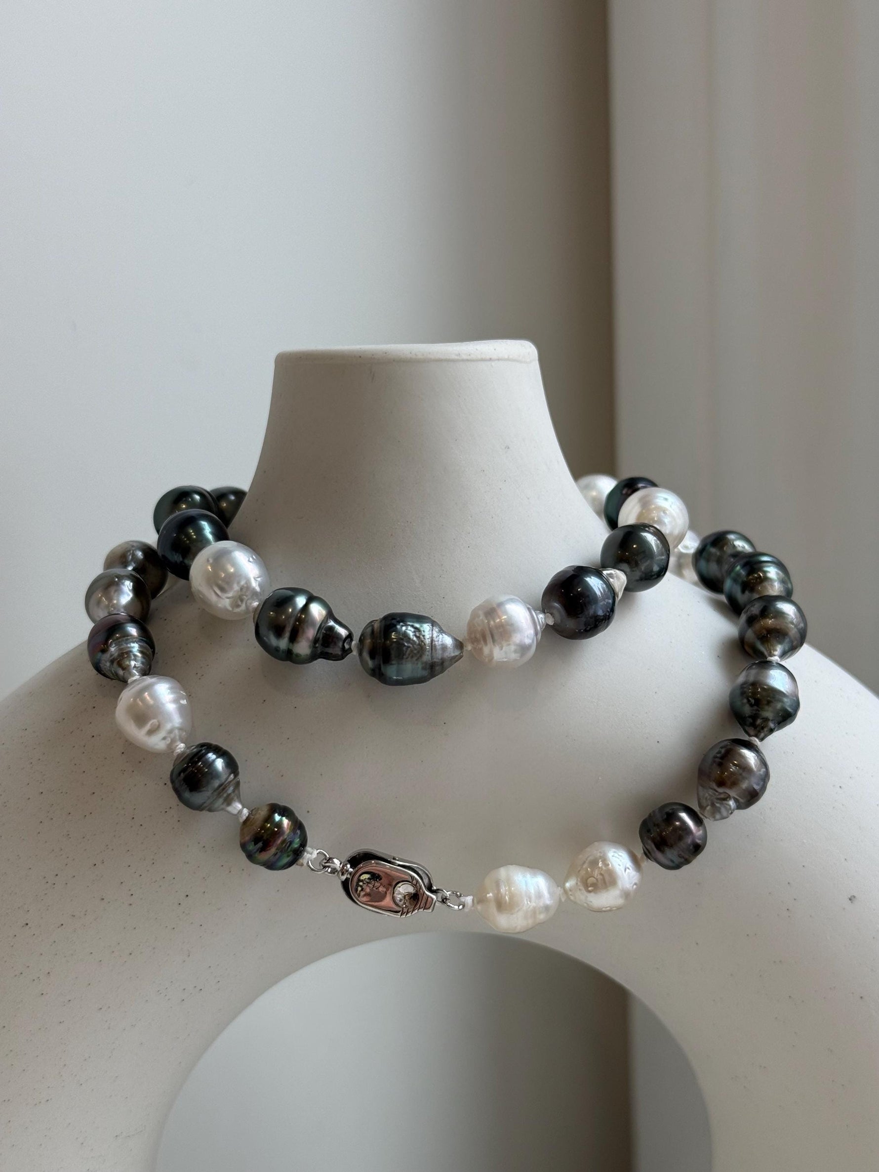 Elly’s 7.8-9.5mm Tahitian platinum Australian Ocean Pearls Necklace: extreme luster mirrored, knotted, 18.4”, S925 silver necklace.
