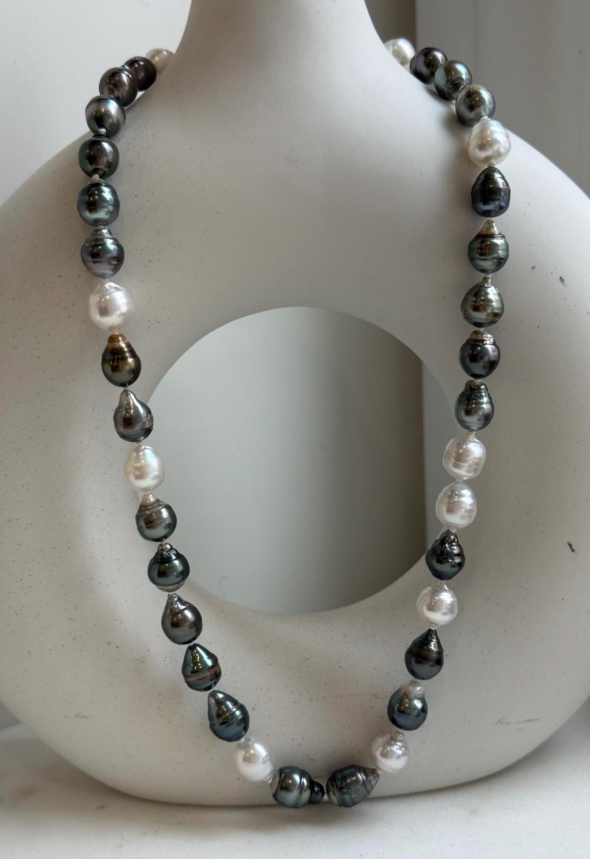 Elly’s 7.8-9.5mm Tahitian platinum Australian Ocean Pearls Necklace: extreme luster mirrored, knotted, 18.4”, S925 silver necklace.