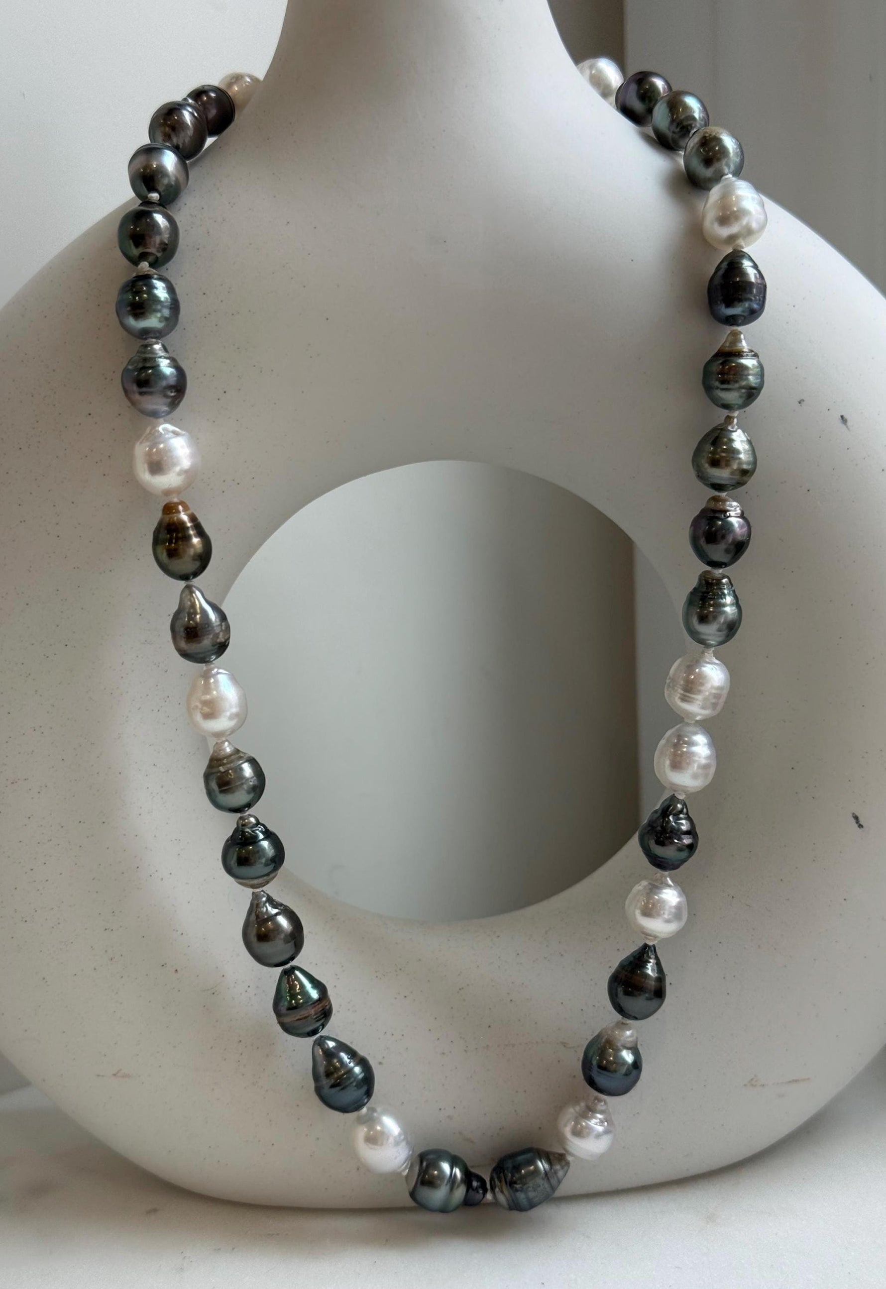 Elly’s 7.8-9.5mm Tahitian platinum Australian Ocean Pearls Necklace: extreme luster mirrored, knotted, 18.4”, S925 silver necklace.