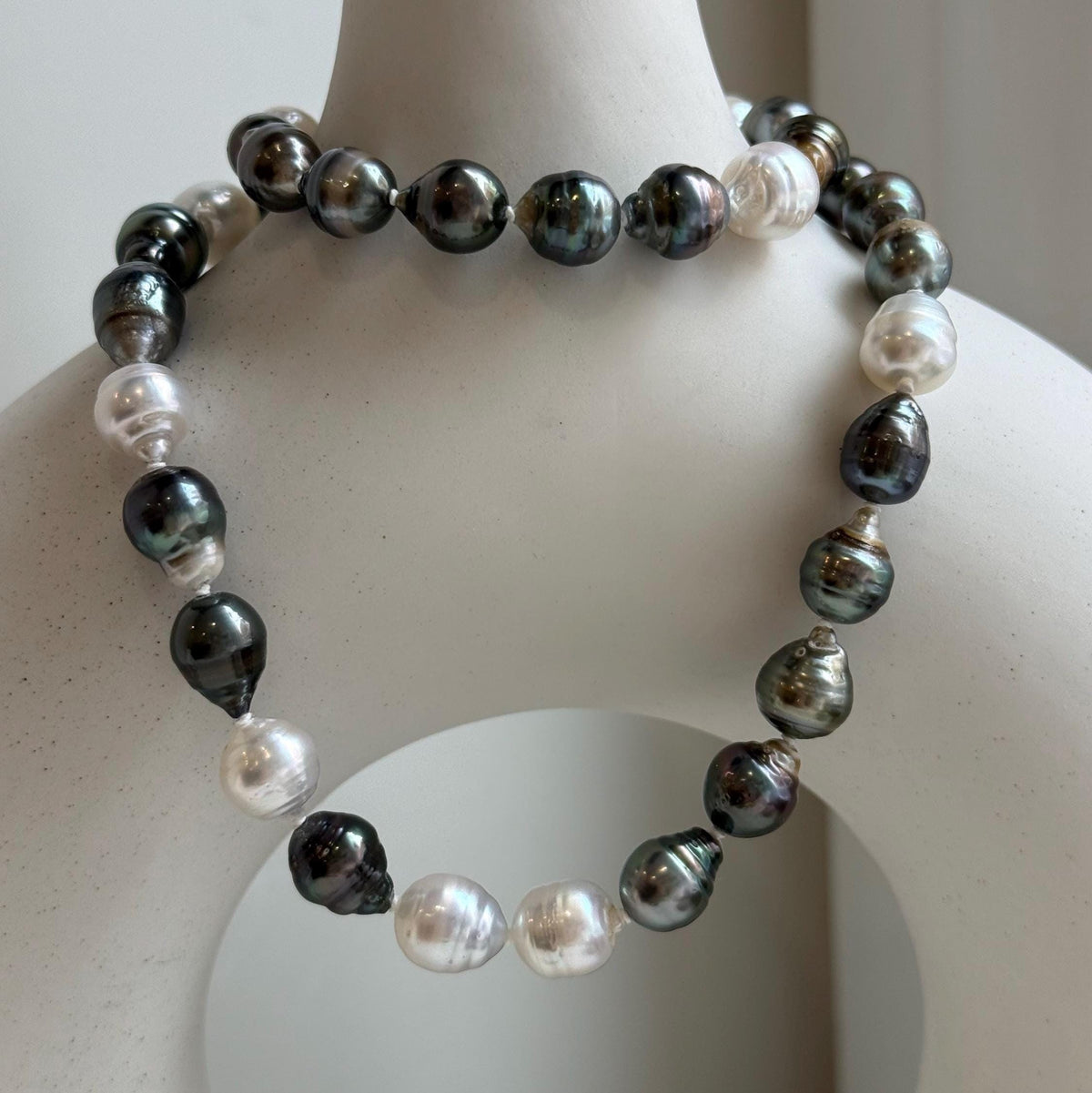 Elly’s 7.8-9.5mm Tahitian platinum Australian Ocean Pearls Necklace: extreme luster mirrored, knotted, 18.4”, S925 silver necklace. gift for her