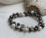 Elly’s 7.8-9.5mm Tahitian platinum Australian Ocean Pearls Necklace: extreme luster mirrored, knotted, 18.4”, S925 silver necklace.