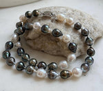 Elly’s 7.8-9.5mm Tahitian platinum Australian Ocean Pearls Necklace: extreme luster mirrored, knotted, 18.4”, S925 silver necklace.