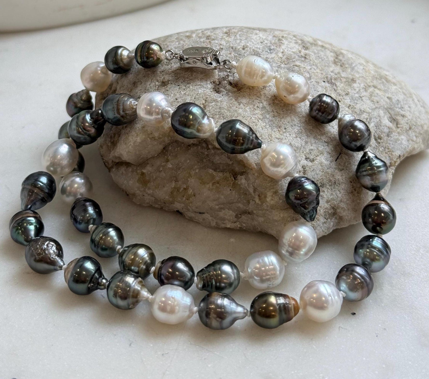 Elly’s 7.8-9.5mm Tahitian platinum Australian Ocean Pearls Necklace: extreme luster mirrored, knotted, 18.4”, S925 silver necklace.