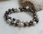 Elly’s 7.8-9.5mm Tahitian platinum Australian Ocean Pearls Necklace: extreme luster mirrored, knotted, 18.4”, S925 silver necklace.