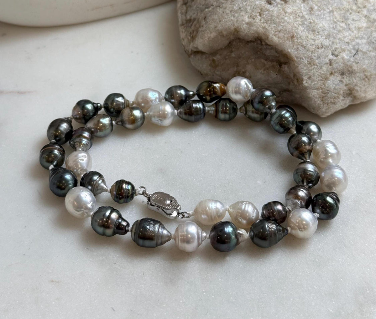 Elly’s 7.8-9.5mm Tahitian platinum Australian Ocean Pearls Necklace: extreme luster mirrored, knotted, 18.4”, S925 silver necklace.
