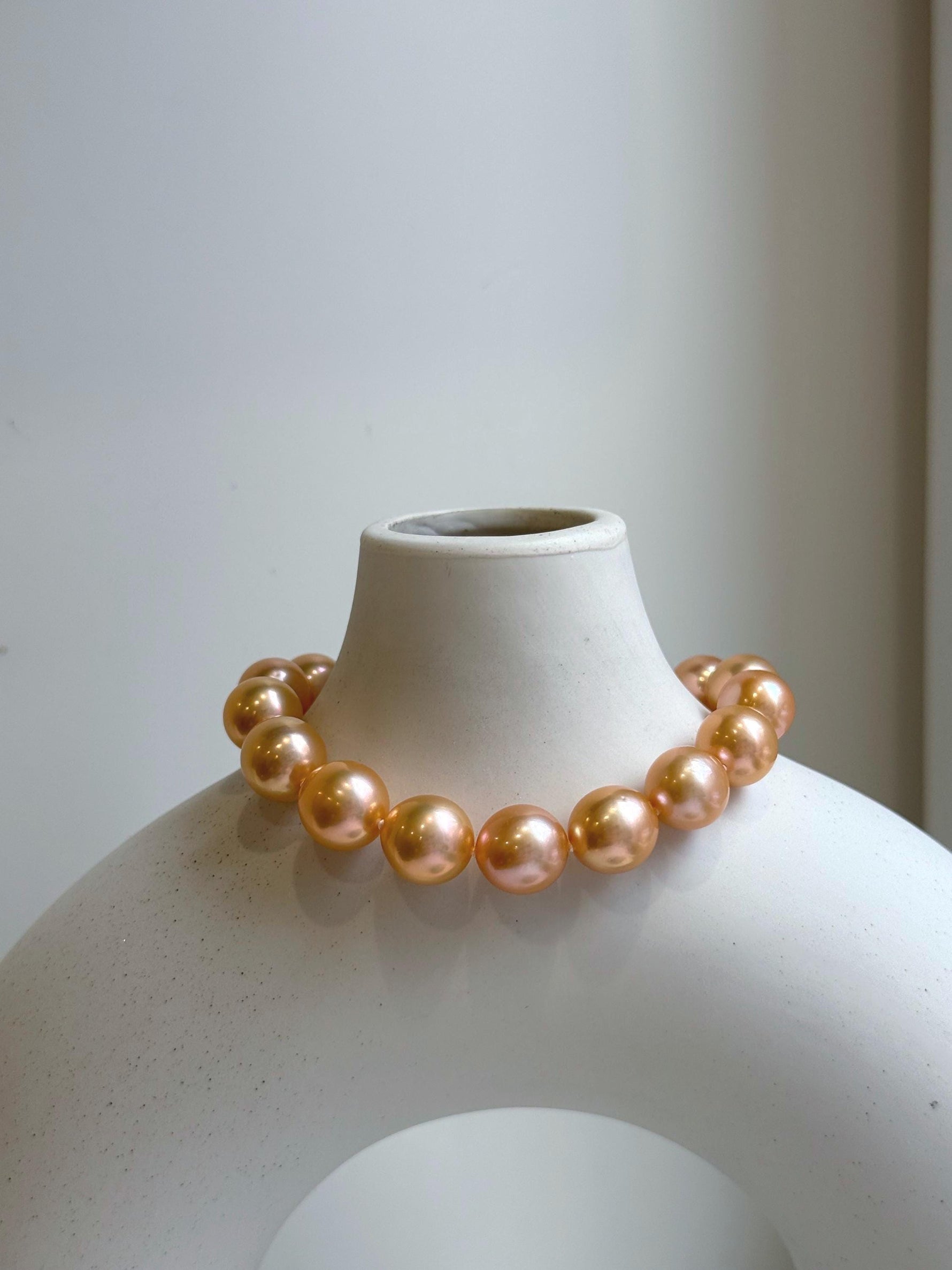 Elly’s 16pcs 9.8-11mm Natural Sunset Peach Gold Edison Pearls Bracelet: Extreme luster mirrored, 8” knotted, S925 silver Bracelet. gift for her