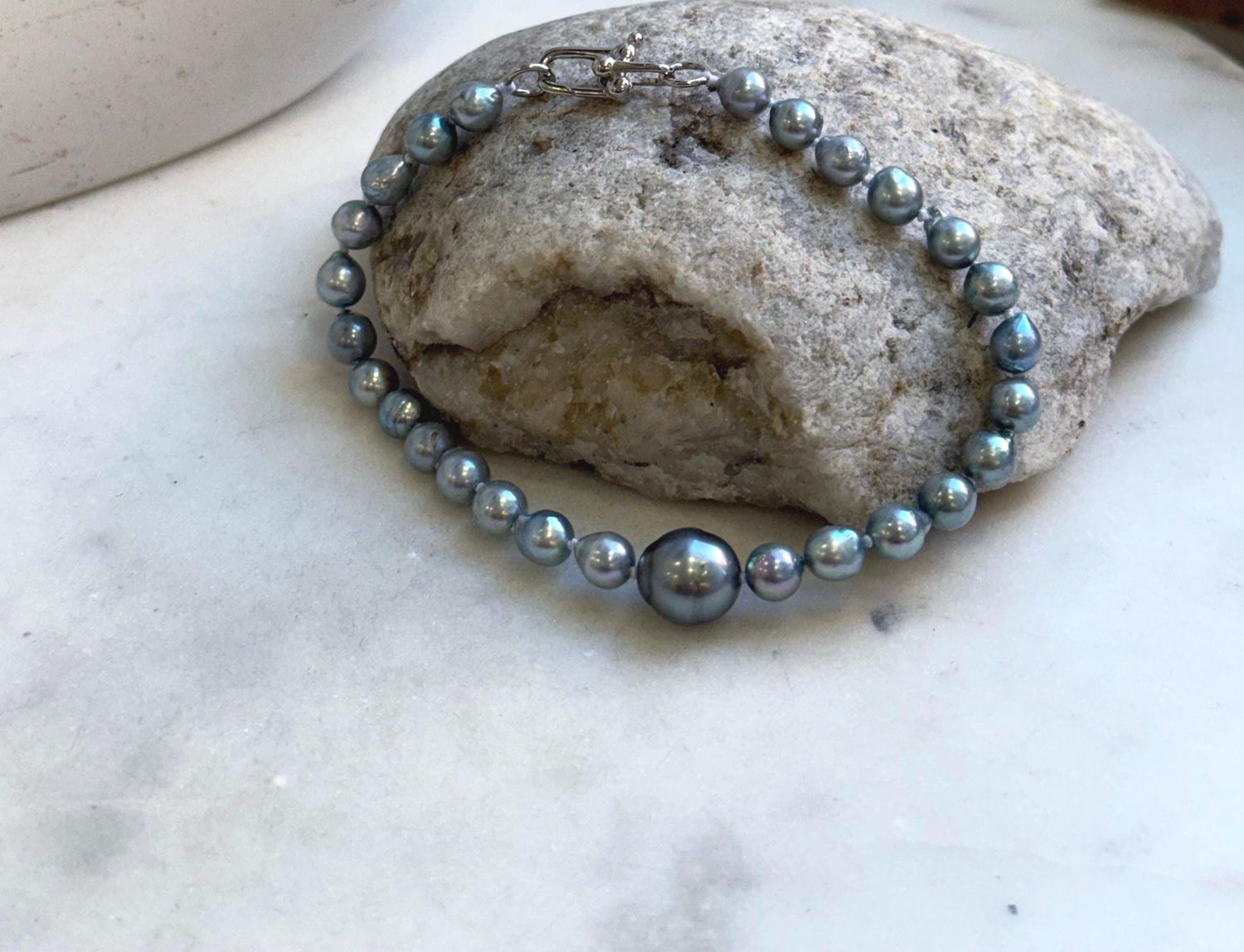 Elly’s 5.8-9.8mm In Sale 17pcs Akoya Silver Blue Tahitian platinum ocean Pearls Bracelet: 8.3” knotted, S925 silver bracelet.