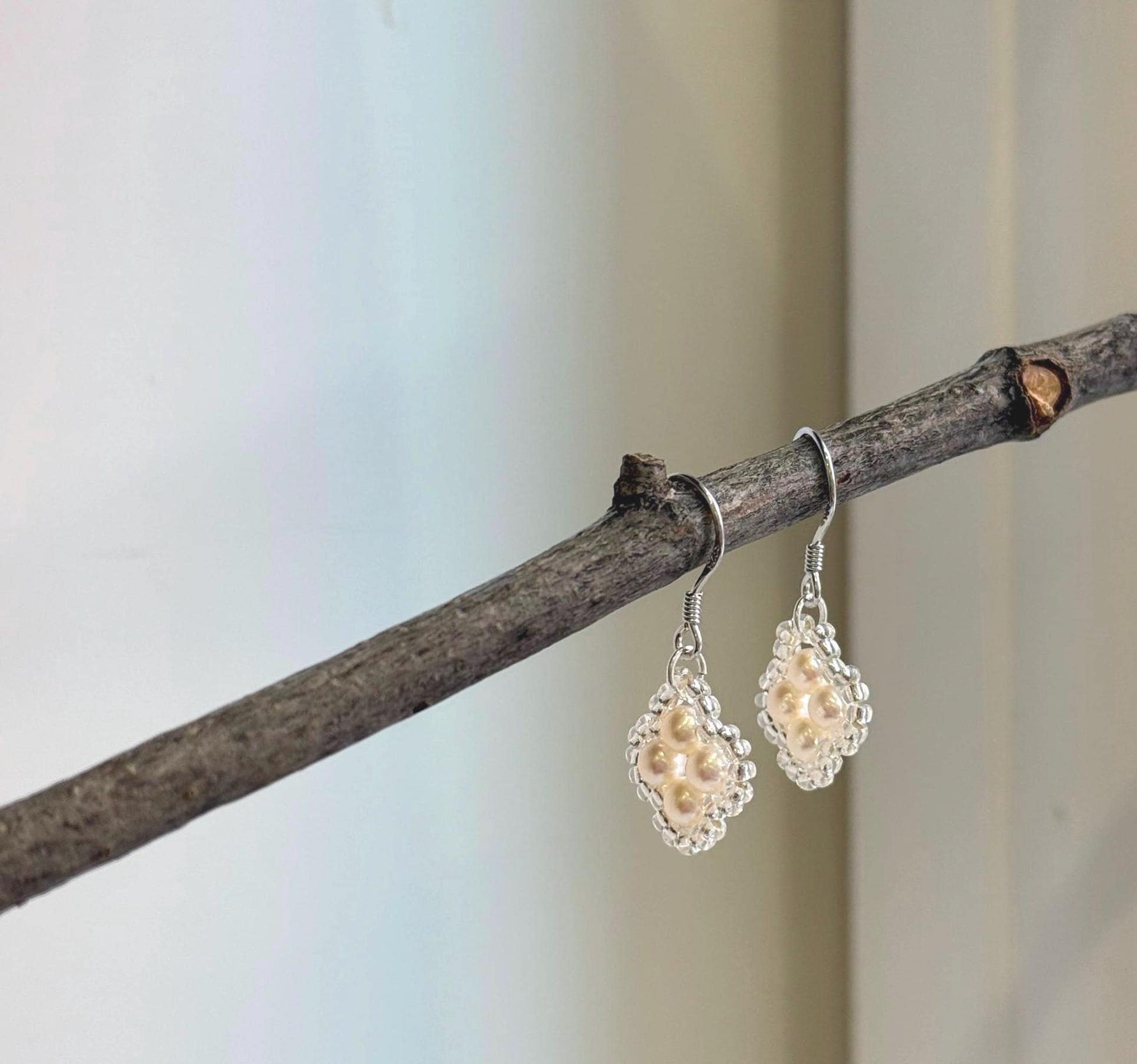 Elly’s Freshwater white Pearls Earrings hooks: Extreme luster Mirrored, 3.9mm, 2.8cm high, S925 silver cute vintage earrings.