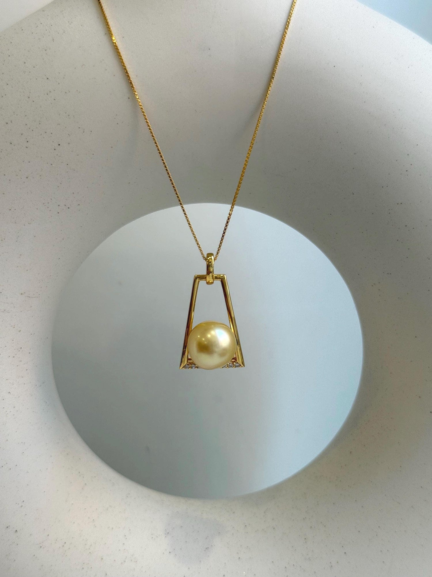 Elly’s 10.8mm South sea golden Pearl pendant: Extreme luster mirrored, ultra gold pearl, 2.6cm high, S925 silver Vintage pendant chain set.