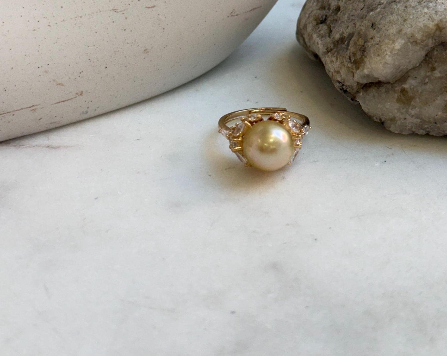 Elly’s 10.8mm South sea pure golden ocean pearl Ring: Extreme luster mirrored, S925 silver with gold plated adjustable floral Ring. gift for her birthday