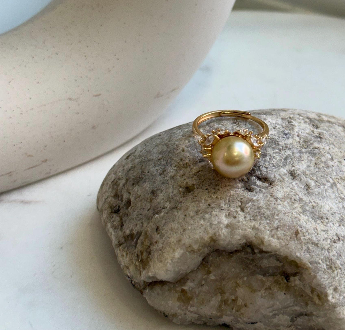 Elly’s 10.8mm South sea pure golden ocean pearl Ring: Extreme luster mirrored, S925 silver with gold plated adjustable floral Ring. gift for her anniversary