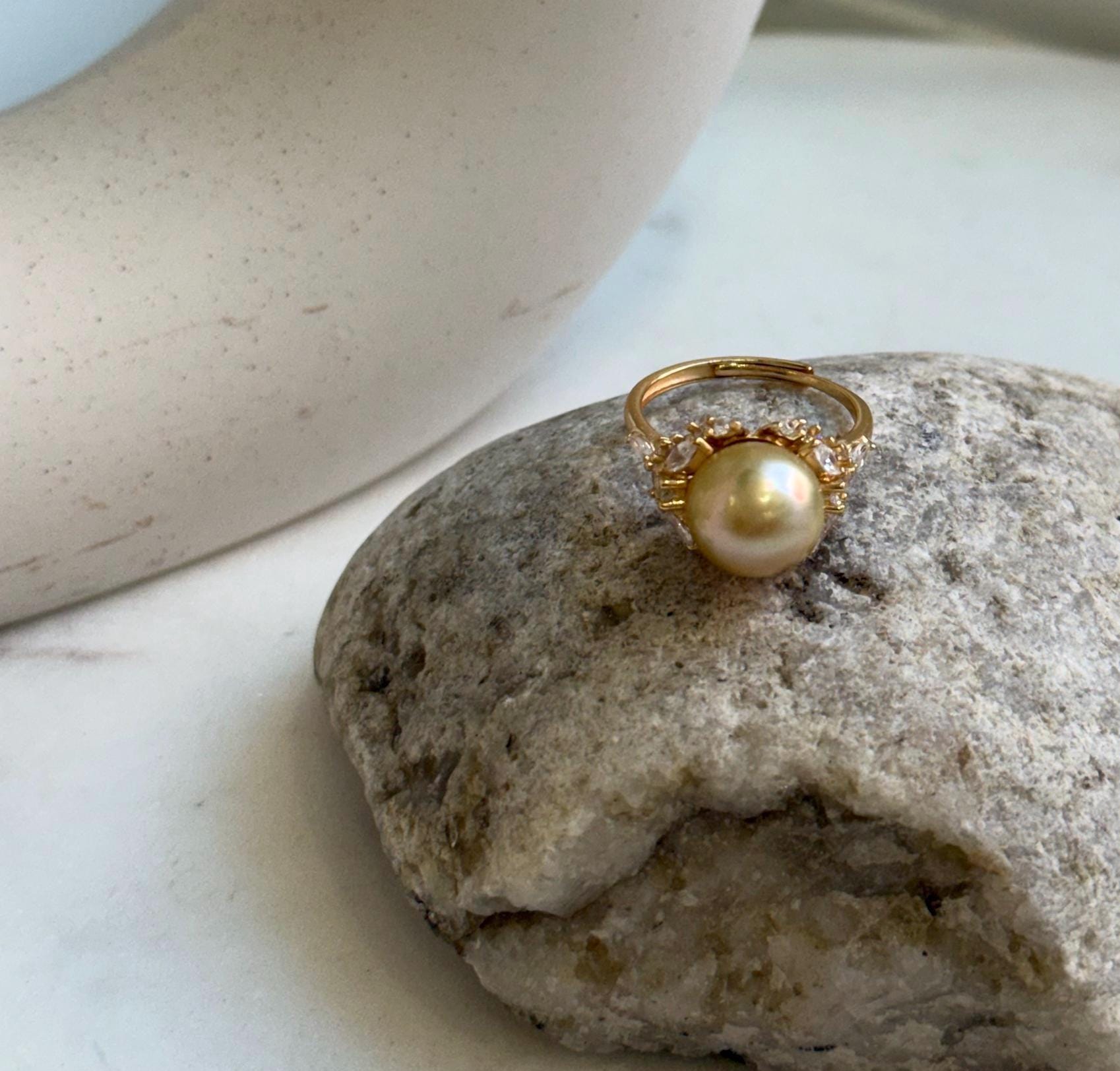 Elly’s 10.8mm South sea pure golden ocean pearl Ring: Extreme luster mirrored, S925 silver with gold plated adjustable floral Ring. gift for her anniversary