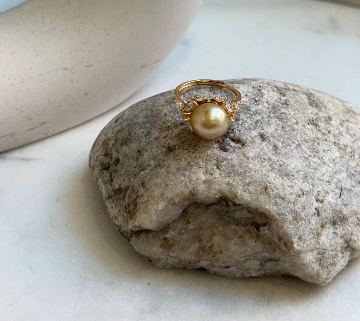 Elly’s 10.8mm South sea pure golden ocean pearl Ring: Extreme luster mirrored, S925 silver with gold plated adjustable floral Ring. gift for her
