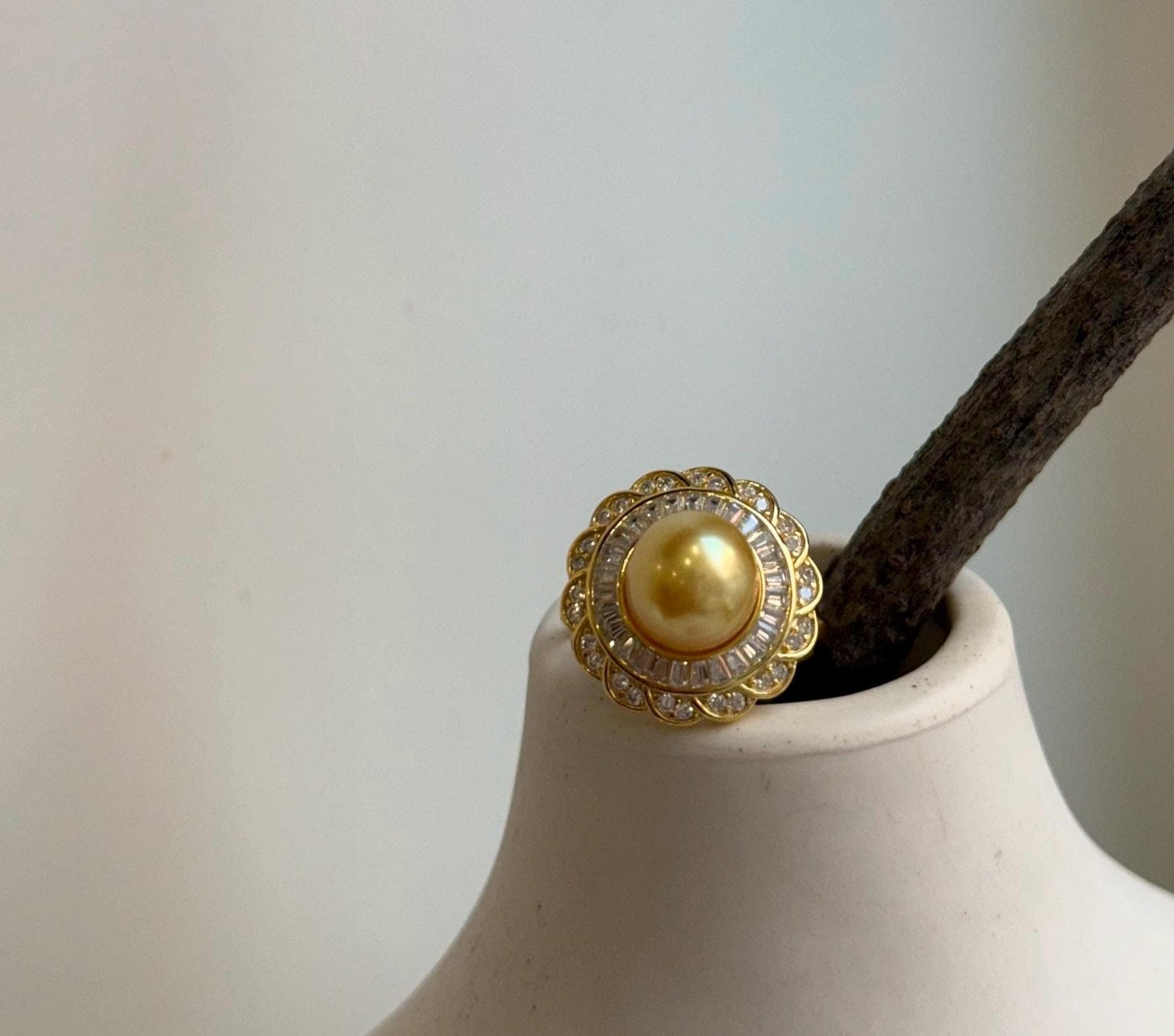Elly’s 8.9mm Rare South sea deep Tea golden ocean pearl Ring: Extreme luster mirrored, S925 silver with gold plated adjustable floral Ring. gift for her