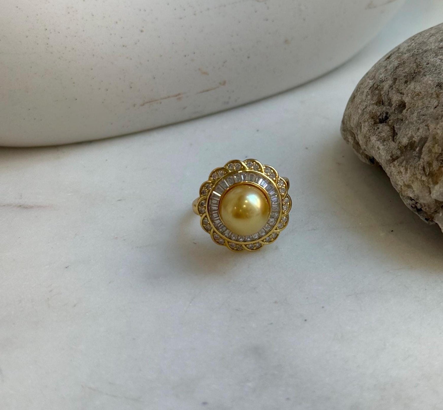 Elly’s 8.9mm Rare South sea deep Tea golden ocean pearl Ring: Extreme luster mirrored, S925 silver with gold plated adjustable floral Ring. gift for her daily Ring