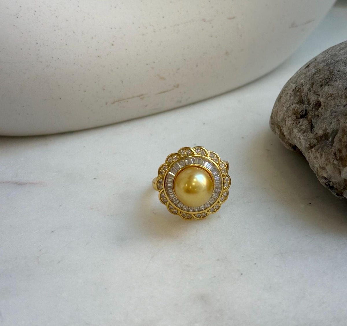 Elly’s 8.9mm Rare South sea deep Tea golden ocean pearl Ring: Extreme luster mirrored, S925 silver with gold plated adjustable floral Ring. gift for her holiday