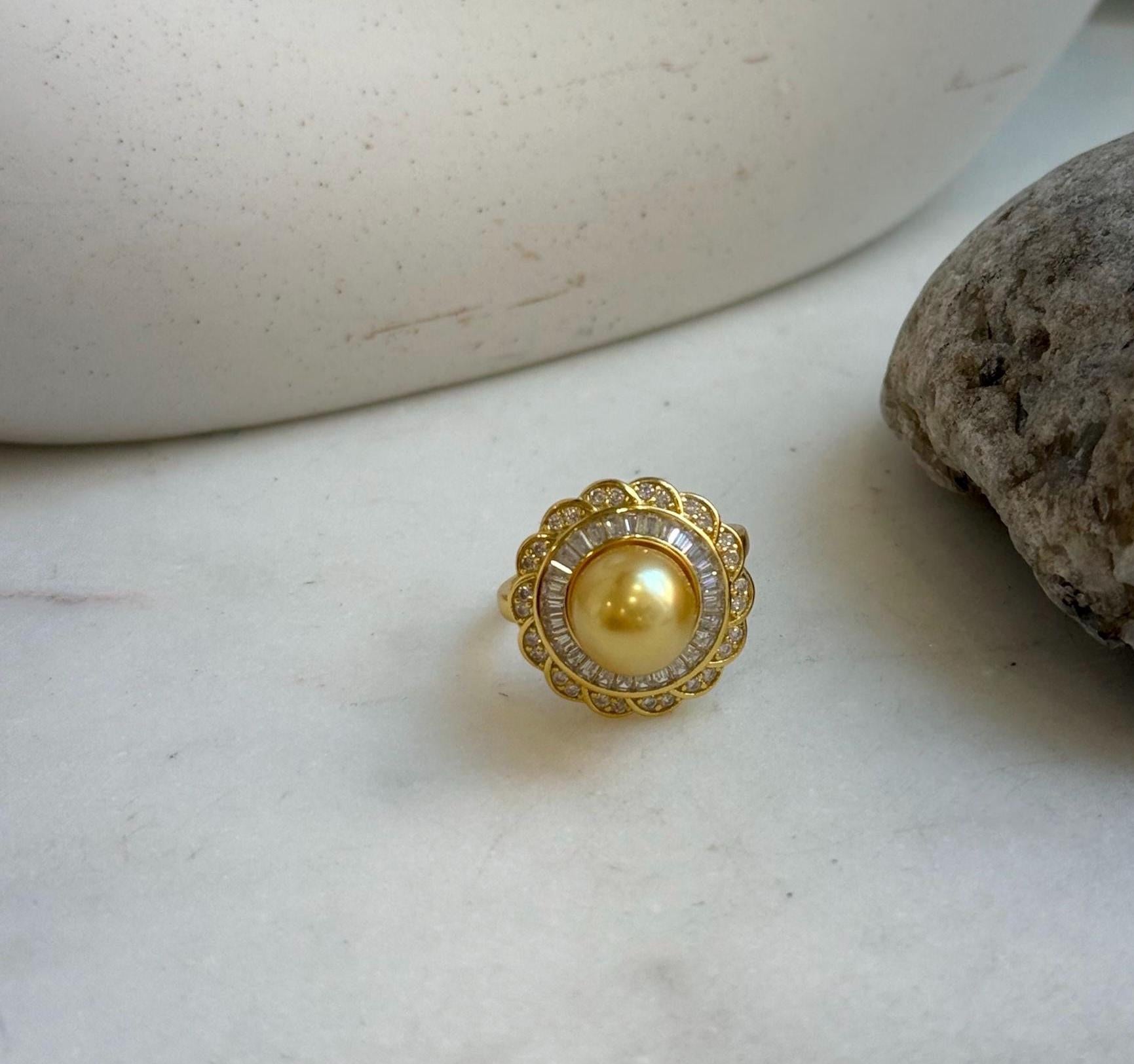 Elly’s 8.9mm Rare South sea deep Tea golden ocean pearl Ring: Extreme luster mirrored, S925 silver with gold plated adjustable floral Ring. gift for her holiday