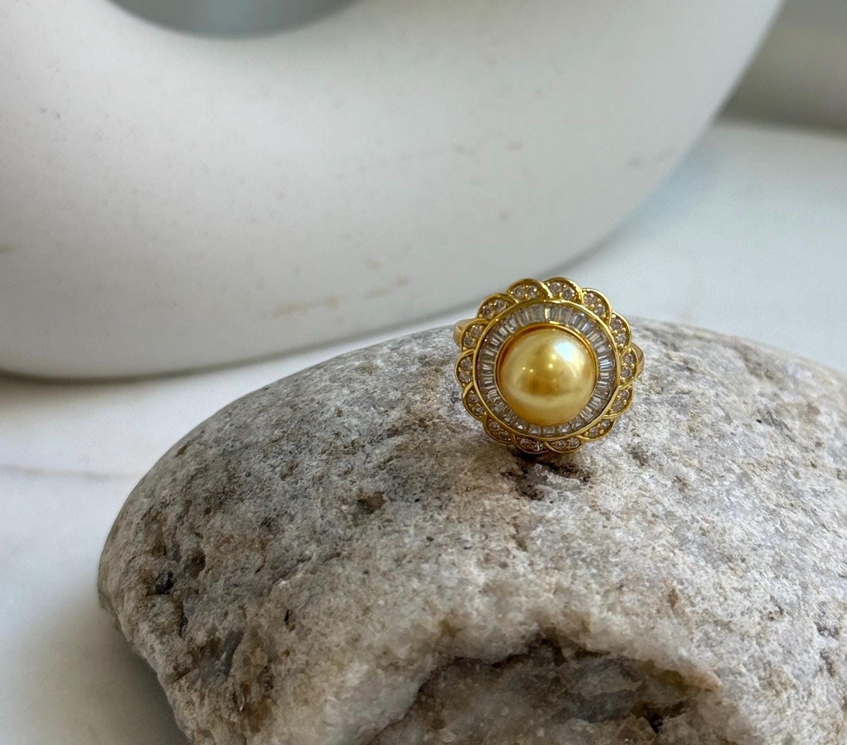 Elly’s 8.9mm Rare South sea deep Tea golden ocean pearl Ring: Extreme luster mirrored, S925 silver with gold plated adjustable floral Ring. gift for her