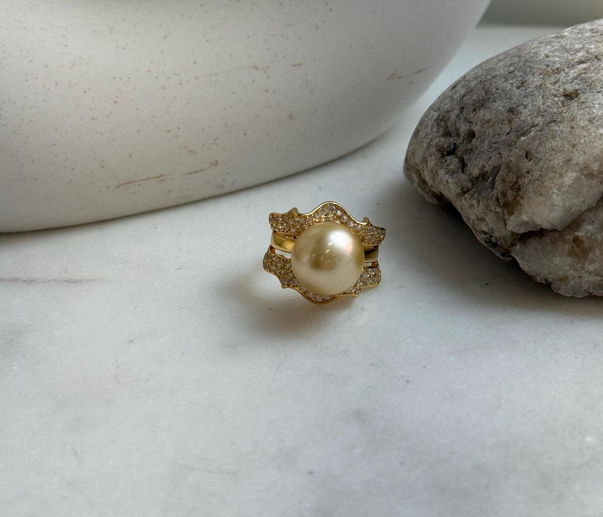 Elly’s 12.3mm South sea ultra golden ocean pearl Ring: Extreme luster mirrored, S925 silver with gold plated adjustable floral Ring. gift for her Valentine’s Day
