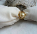Elly’s 12.3mm South sea ultra golden ocean pearl Ring: Extreme luster mirrored, S925 silver with gold plated adjustable floral Ring. gift for her anniversary