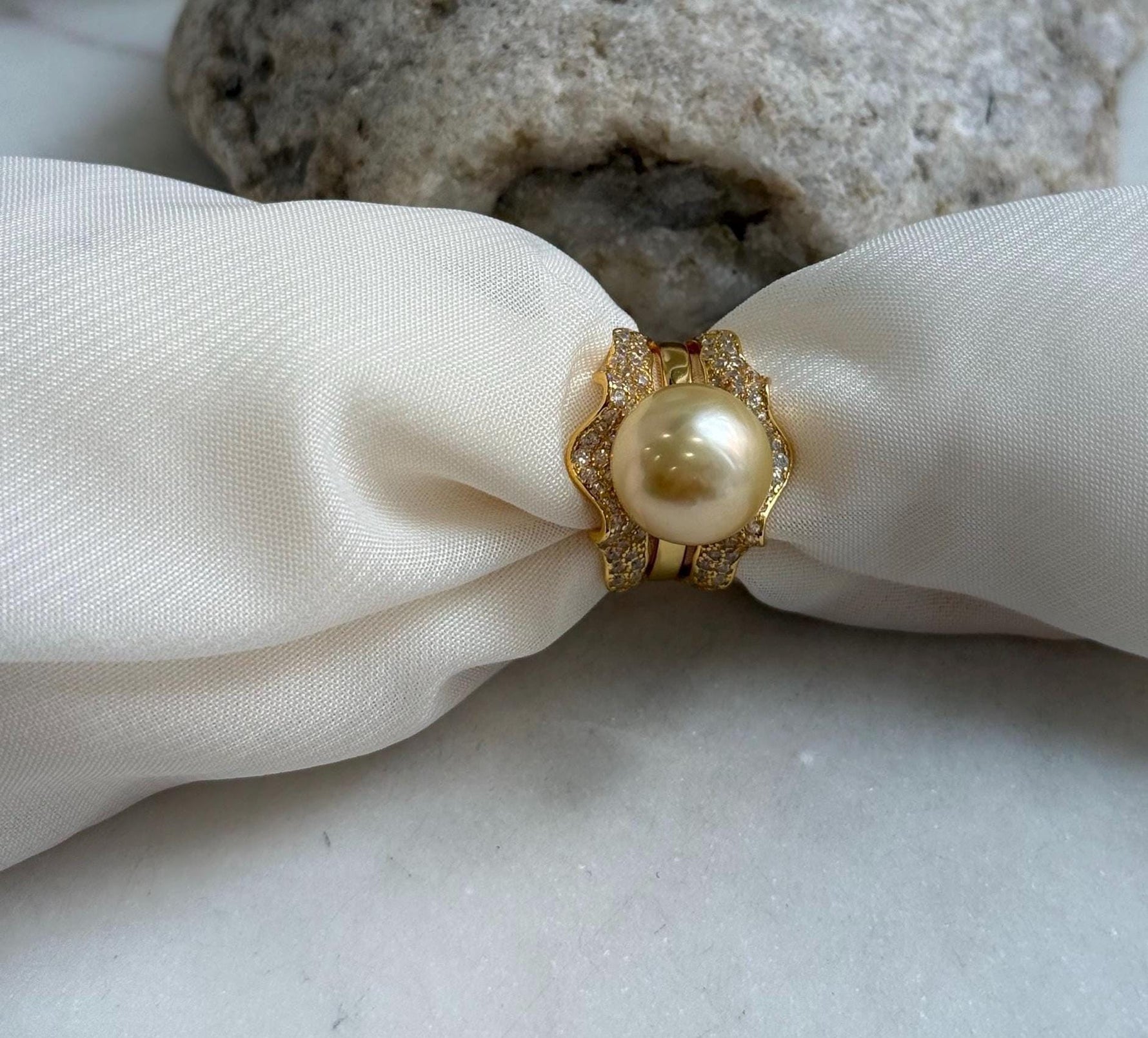 Elly’s 12.3mm South sea ultra golden ocean pearl Ring: Extreme luster mirrored, S925 silver with gold plated adjustable floral Ring. gift for her anniversary