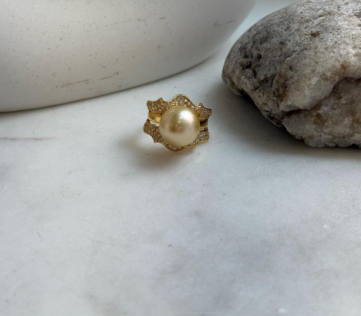 Elly’s 12.3mm South sea ultra golden ocean pearl Ring: Extreme luster mirrored, S925 silver with gold plated adjustable floral Ring. gift for her Valentine’s Day