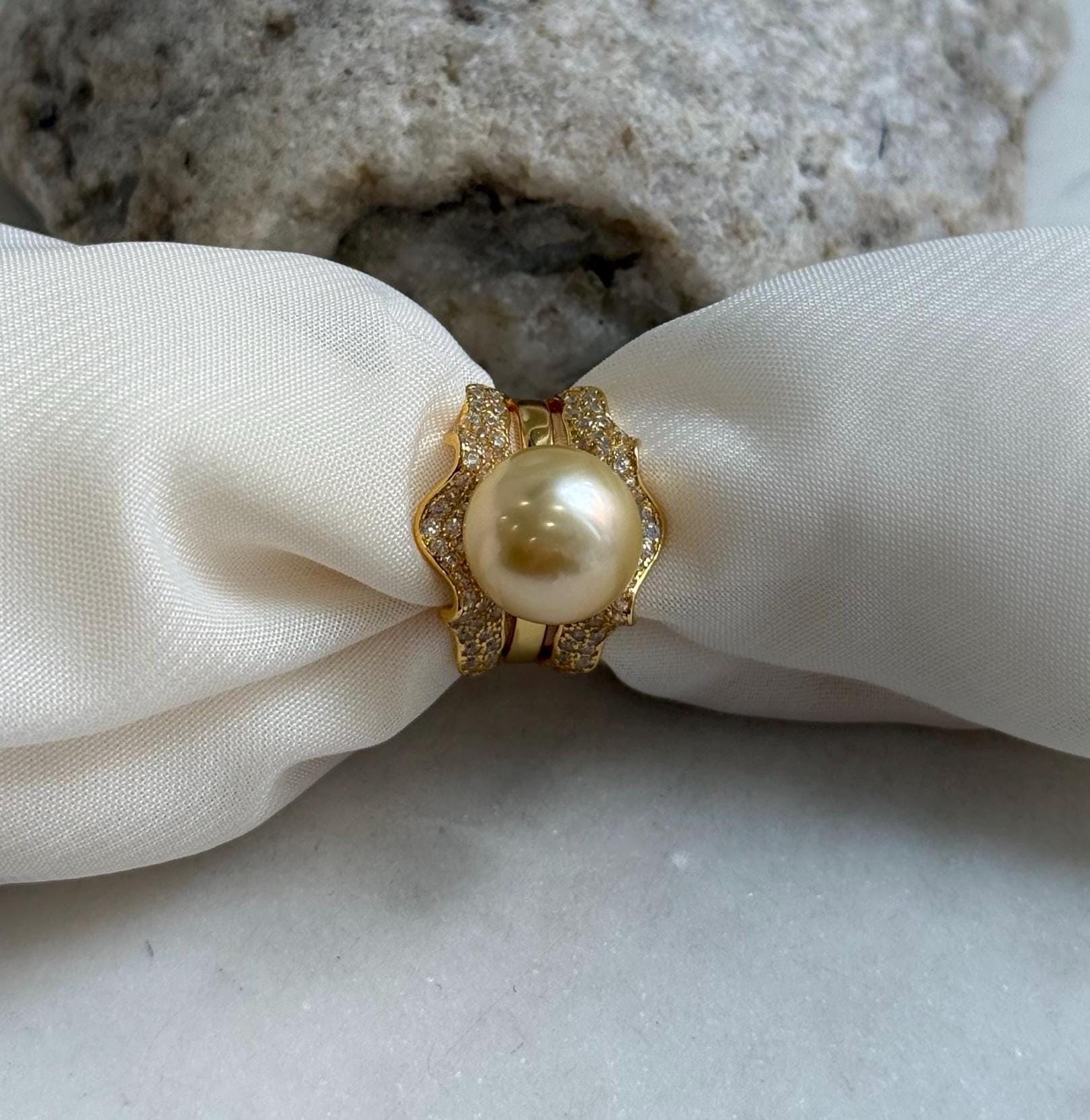 Elly’s 12.3mm South sea ultra golden ocean pearl Ring: Extreme luster mirrored, S925 silver with gold plated adjustable floral Ring. gift for her holiday