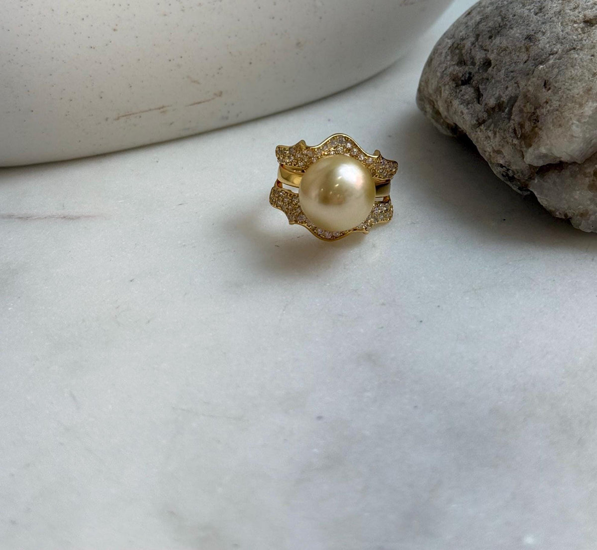 Elly’s 12.3mm South sea ultra golden ocean pearl Ring: Extreme luster mirrored, S925 silver with gold plated adjustable floral Ring. gift for her Valentine’s Day