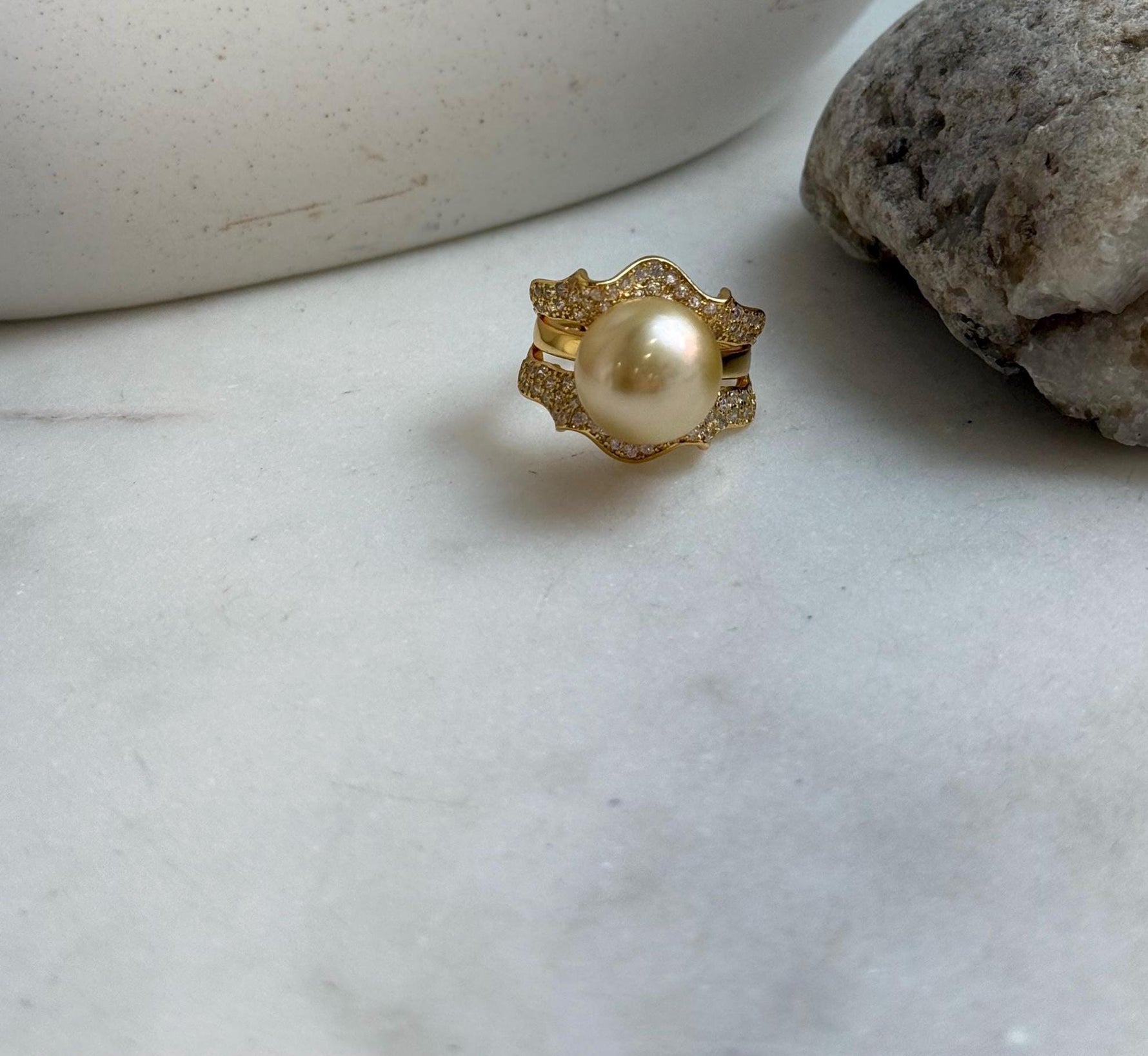 Elly’s 12.3mm South sea ultra golden ocean pearl Ring: Extreme luster mirrored, S925 silver with gold plated adjustable floral Ring. gift for her Valentine’s Day