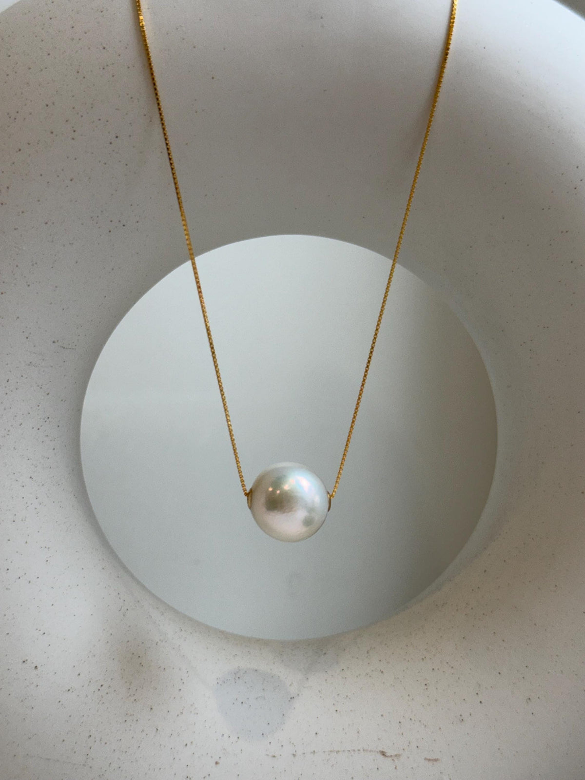 Au750 18k Gold 13.3mm White Edison Pearl Floating pendants:Extreme luster mirrored, S925 silver chain included. gift for her