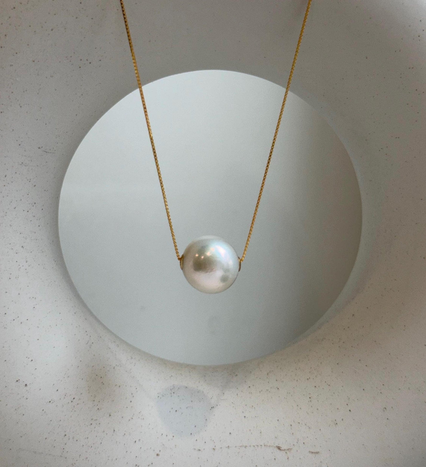 Au750 18k Gold 13.3mm White Edison Pearl Floating pendants:Extreme luster mirrored, S925 silver chain included. gift for her