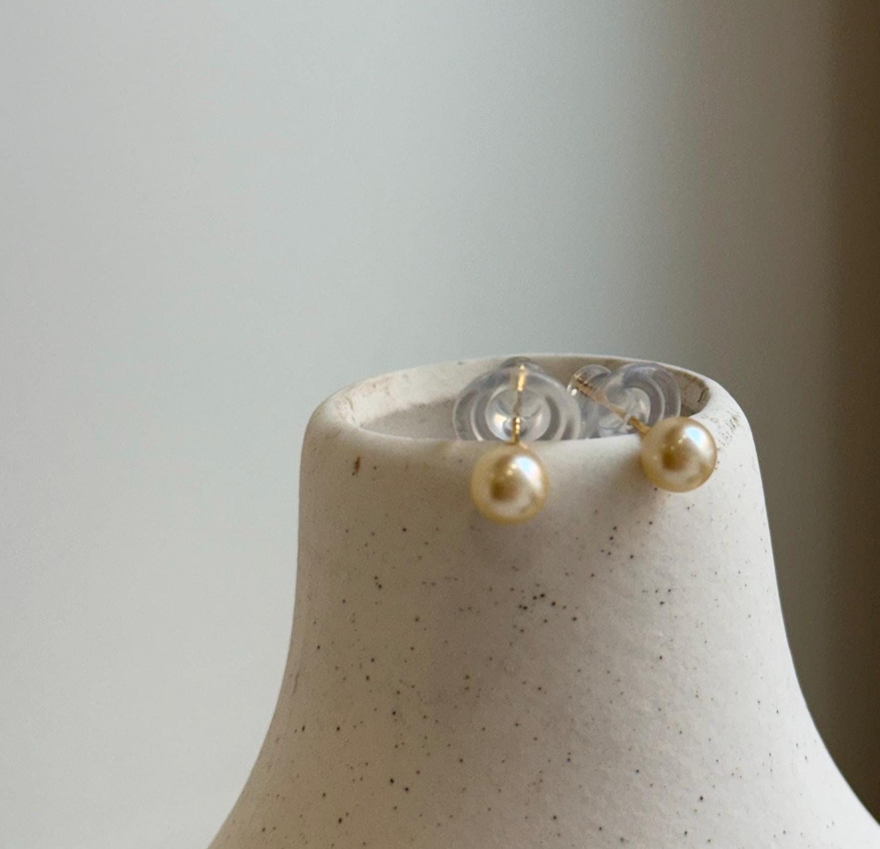 Elly’s 5.8mm Akoya golden ocean pearls Earrings studs: Extreme luster mirrored, s925 silver minimalist daily earrings stud.