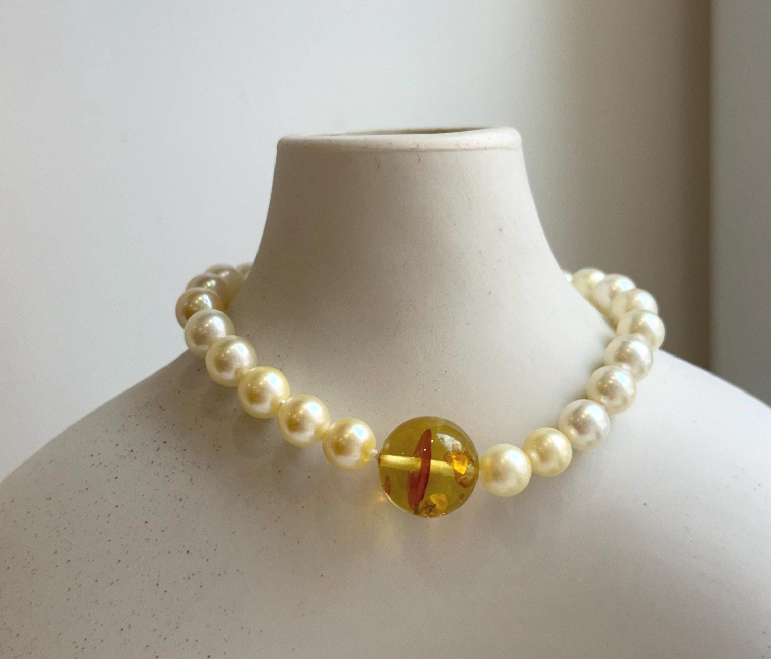 Elly’s 6.6-7mm Genius Akoya golden ocean Pearls Natural Amber Bracelet: Extreme luster mirrored, 7.6” knotted, S925 silver magnetic clips. gift for her