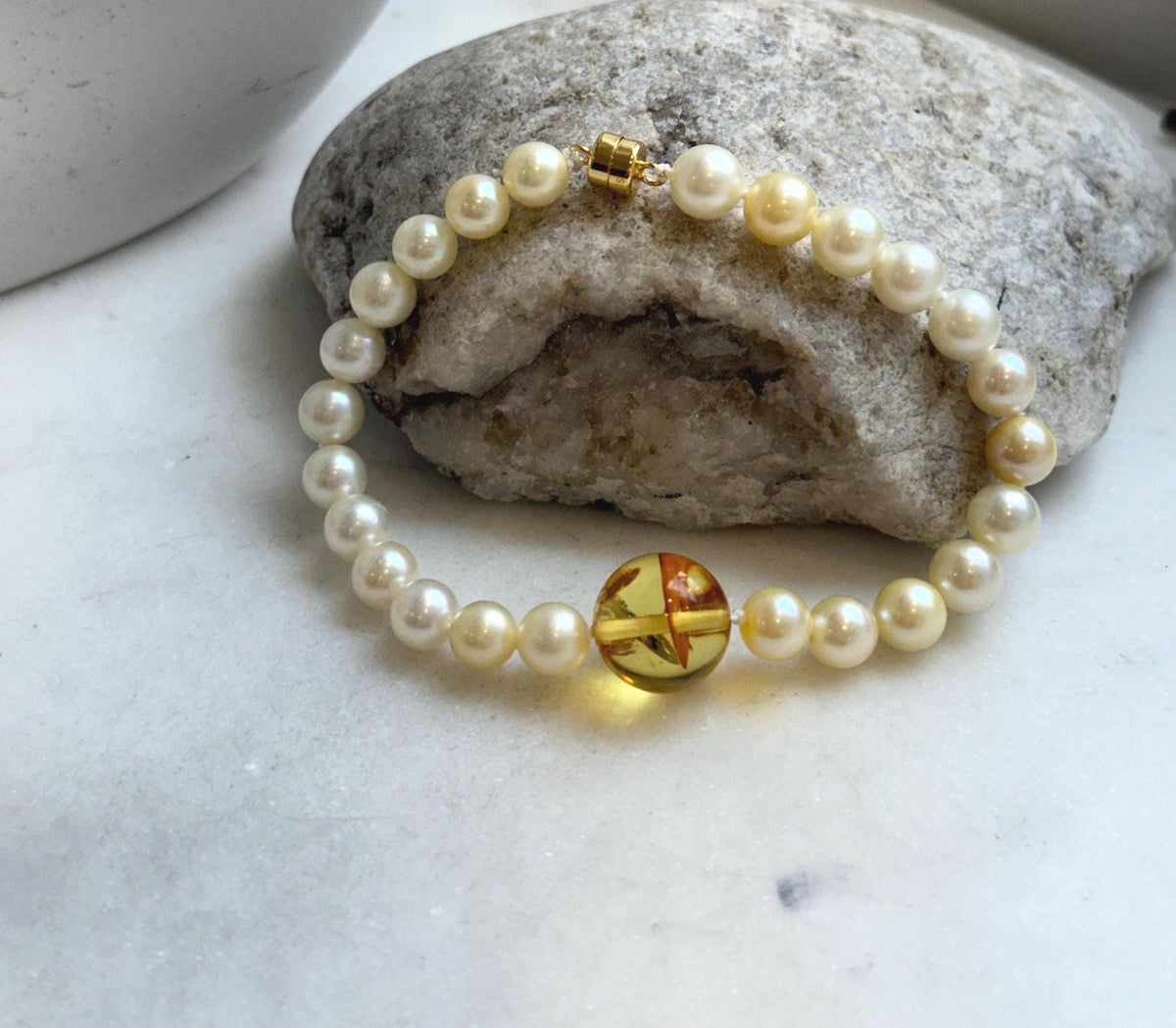 Elly’s 6.6-7mm Genius Akoya golden ocean Pearls Natural Amber Bracelet: Extreme luster mirrored, 7.6” knotted, S925 silver magnetic clips. gift for her holiday