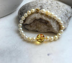 Elly’s 6.6-7mm Genius Akoya golden ocean Pearls Natural Amber Bracelet: Extreme luster mirrored, 7.6” knotted, S925 silver magnetic clips. gift for her holiday
