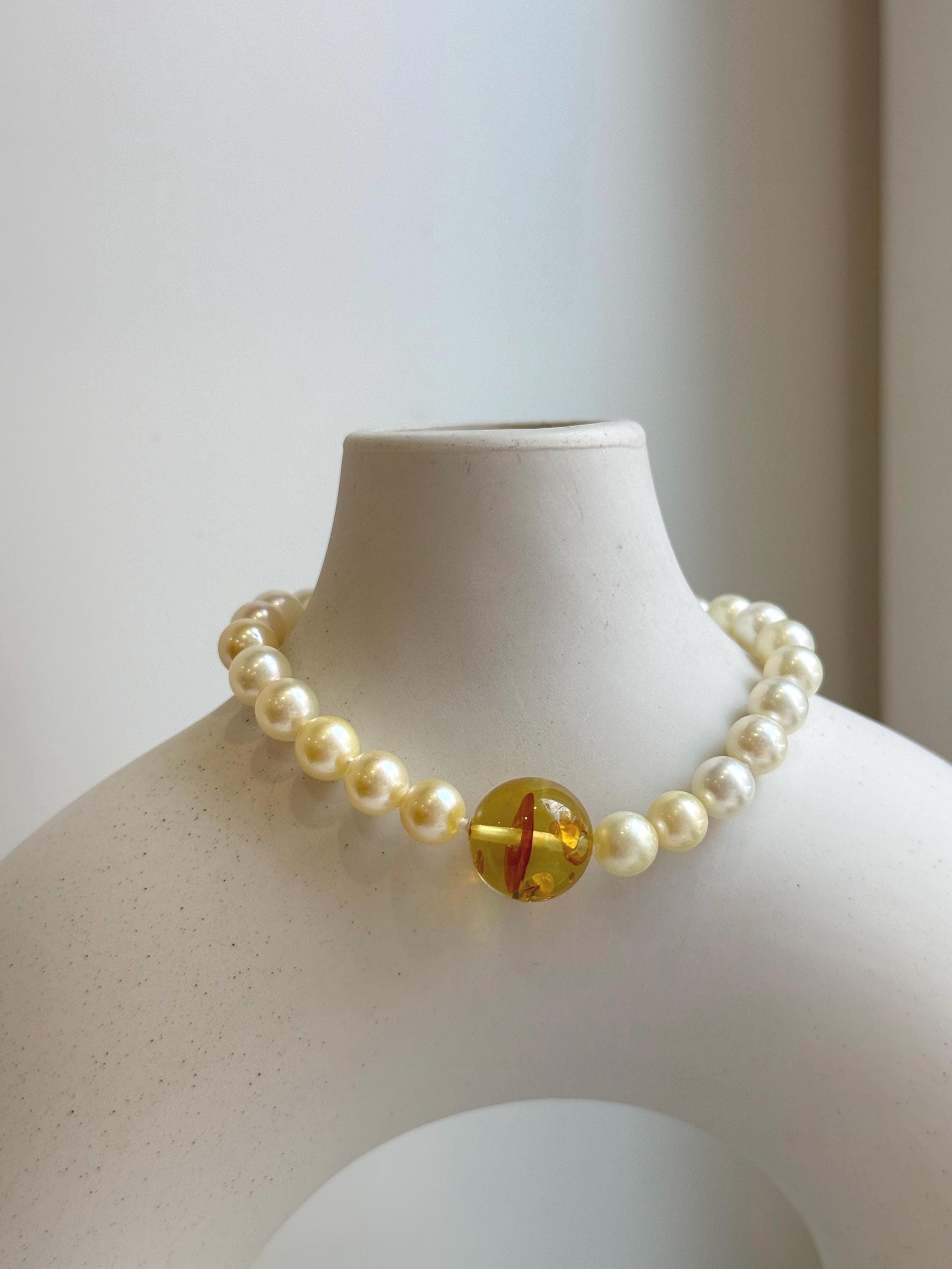 Elly’s 6.6-7mm Genius Akoya golden ocean Pearls Natural Amber Bracelet: Extreme luster mirrored, 7.6” knotted, S925 silver magnetic clips. gift for her daily bracelet