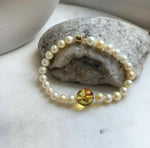Elly’s 6.6-7mm Genius Akoya golden ocean Pearls Natural Amber Bracelet: Extreme luster mirrored, 7.6” knotted, S925 silver magnetic clips. gift for her